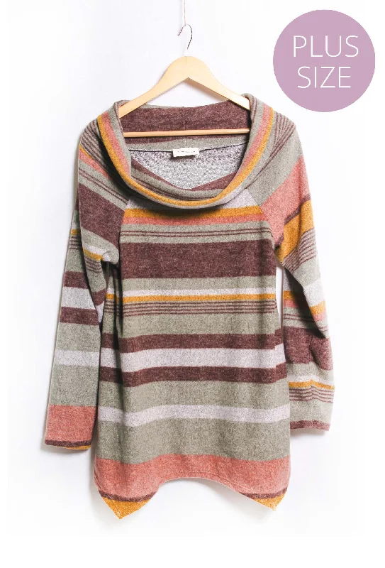 Women's Plus Long Sleeve Cowl Neck Striped Top