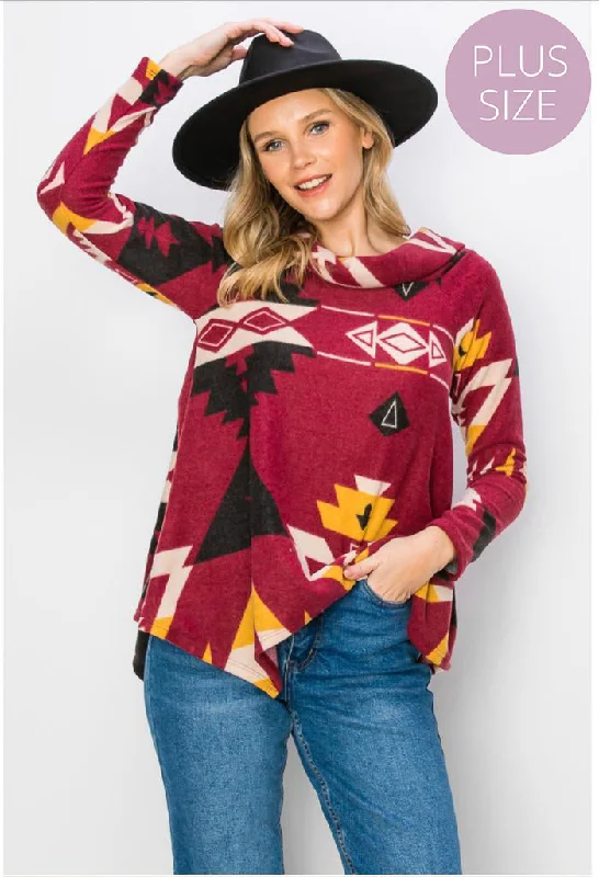 Women's Plus Long Sleeve Cowl Neck Printed Top