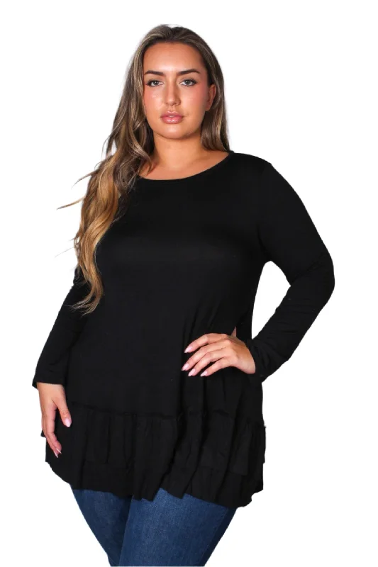 Women's Plus Long Sleeve Crew Neck Ruffle Hem Top