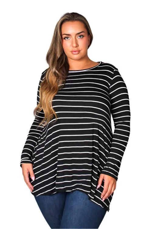 Women's Plus Long Sleeve Crew Neck Striped Top