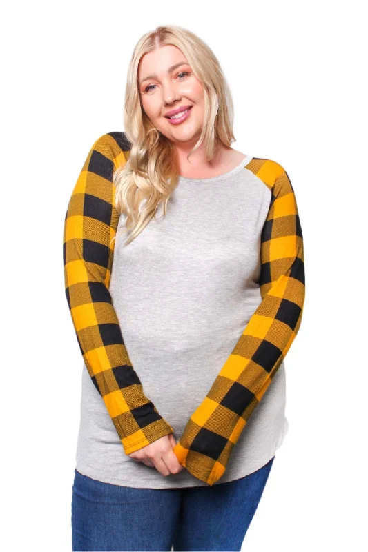 Women's Plus Long Sleeve Round Neck Plaid Raglan Top