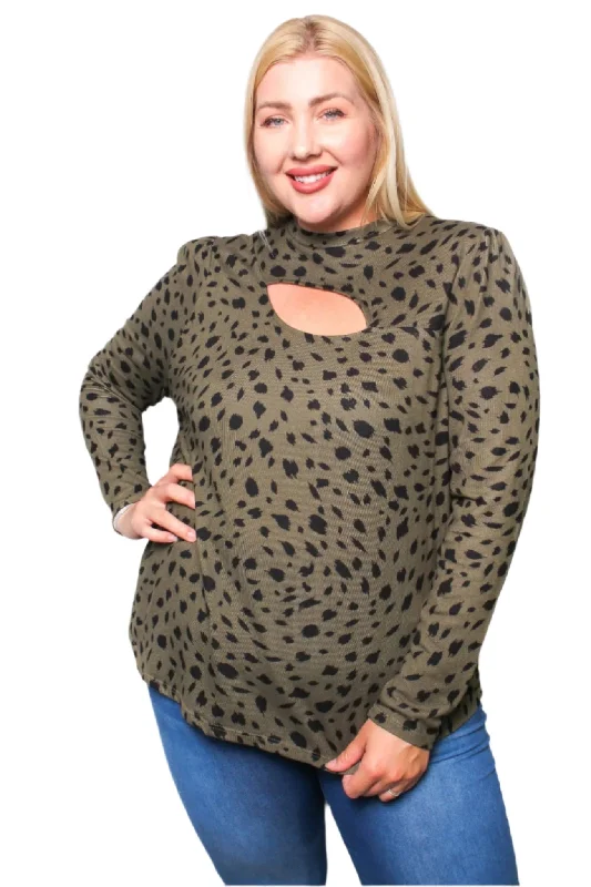 Women's Plus Printed Long Sleeve Top with Front Cut Out