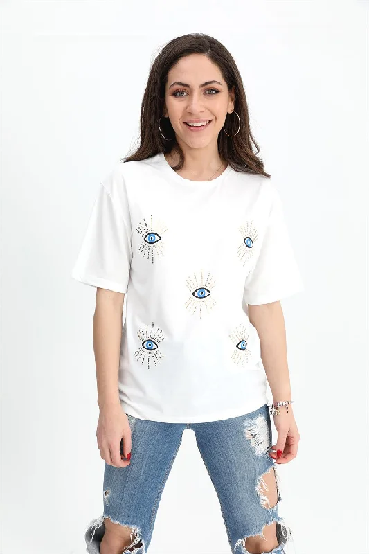 Women's T-shirt Crew Neck Eye Print - Ecru