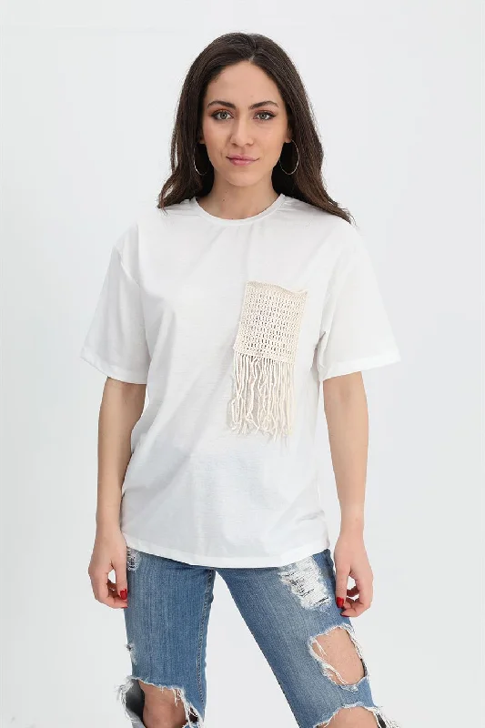 Women's T-shirt Crew Neck Pocket Detailed - Ecru