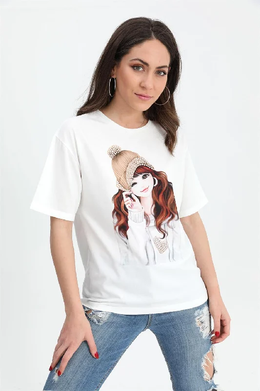 Women's T-shirt Girl Printed Stone Embroidered - Beige