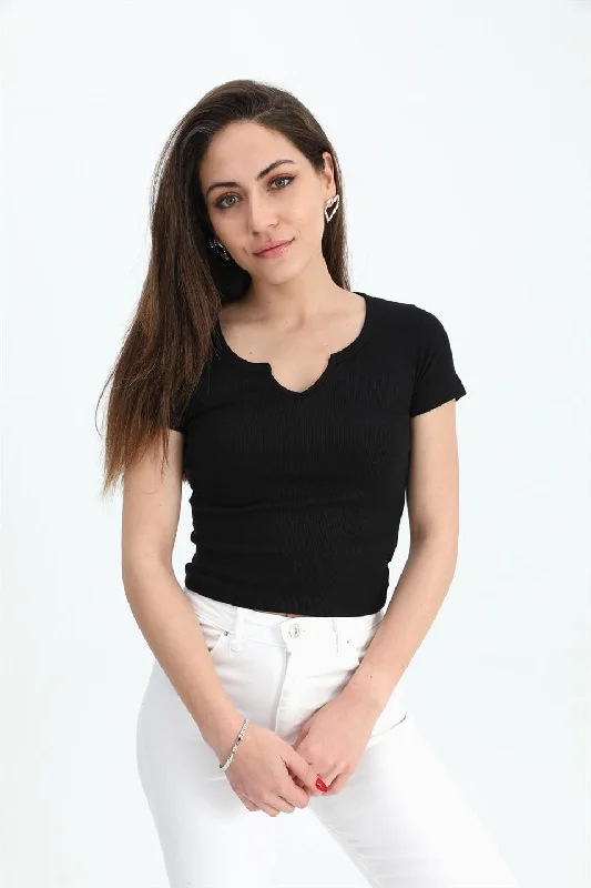 Women's T-Shirt Pear Collar Short Sleeve - Black