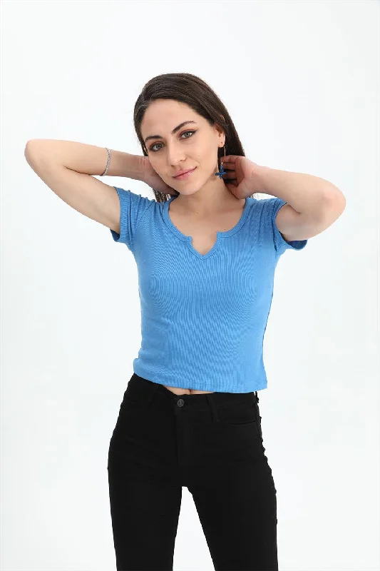 Women's T-Shirt Pear Collar Short Sleeve - Blue