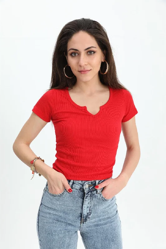 Women's T-Shirt Pear Collar Short Sleeve - Red