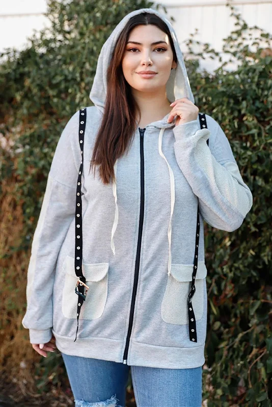 Plus Size Belt Zip-Up Reversed Hoodie Sweatshirt