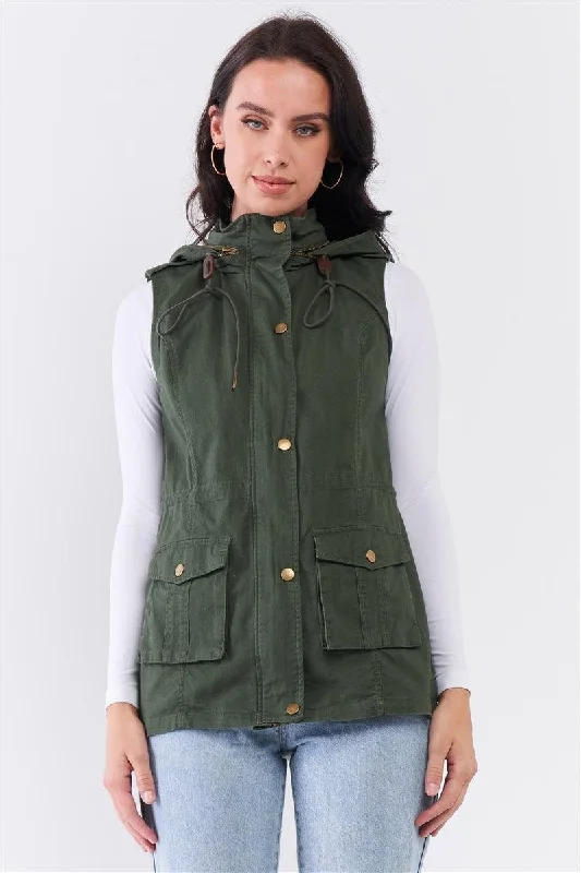 Plus Size Military Sleeveless Detachable Hoodie Vest Jacket