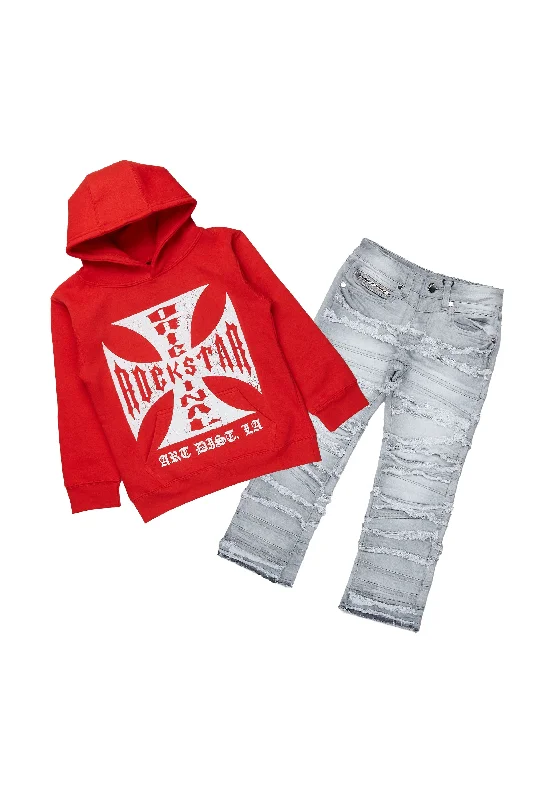 Boys Udell Red/Grey Hoodie/Stack Flare Jean Set