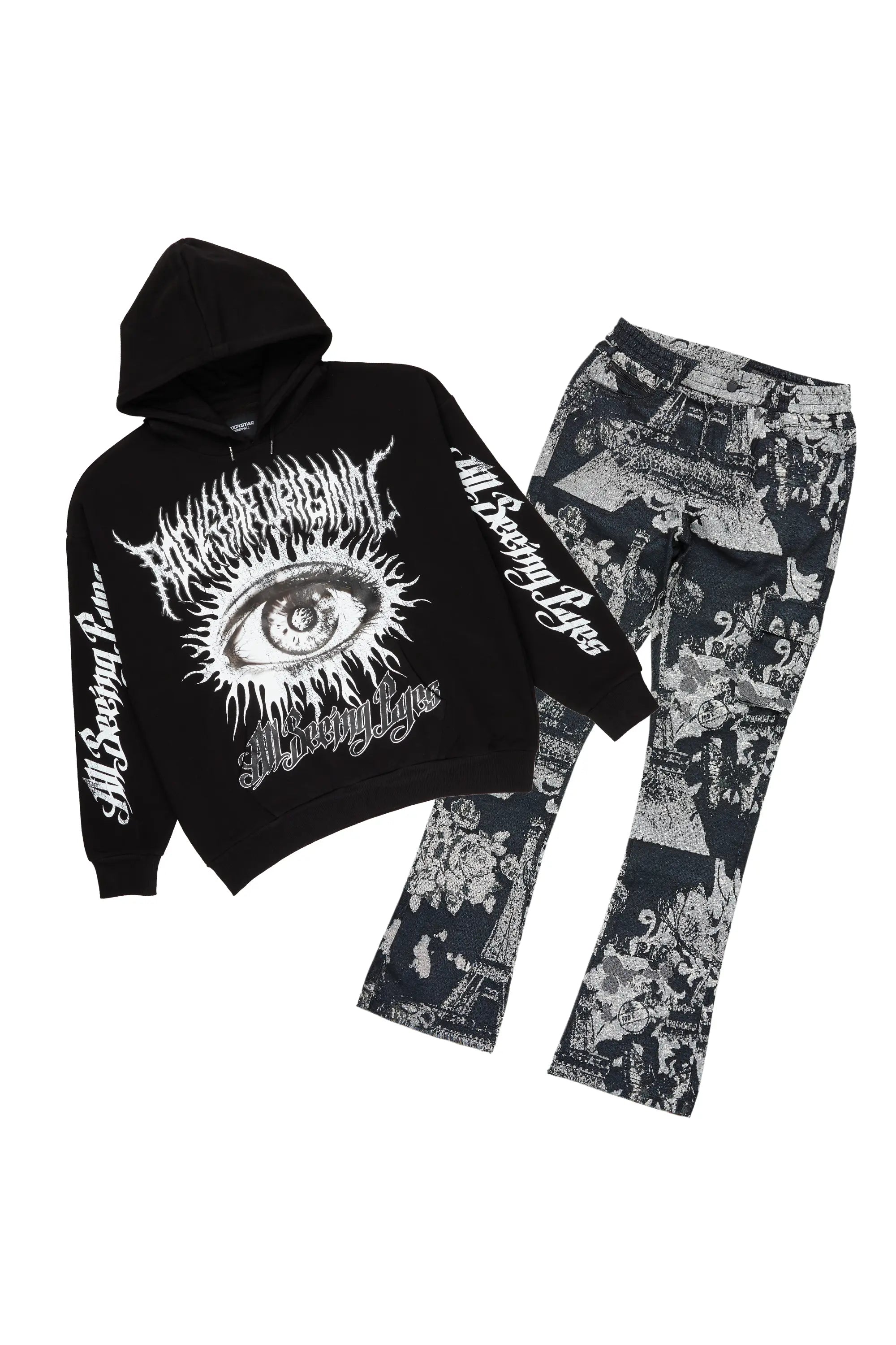 All Seeing Eyes Black Hoodie & Lamont Stacked Flare Tapestry Jean Bundle