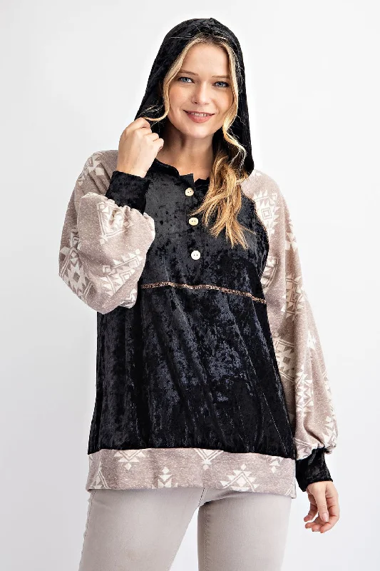 Black/Taupe Plus Size Velvet Tribal Contrast Hoodie