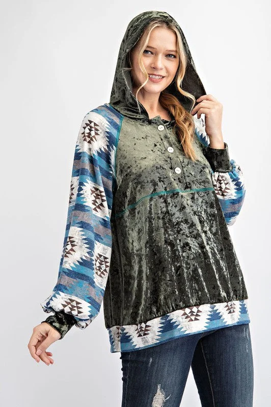 Olive/Teal Plus Size Velvet Tribal Contrast Hoodie