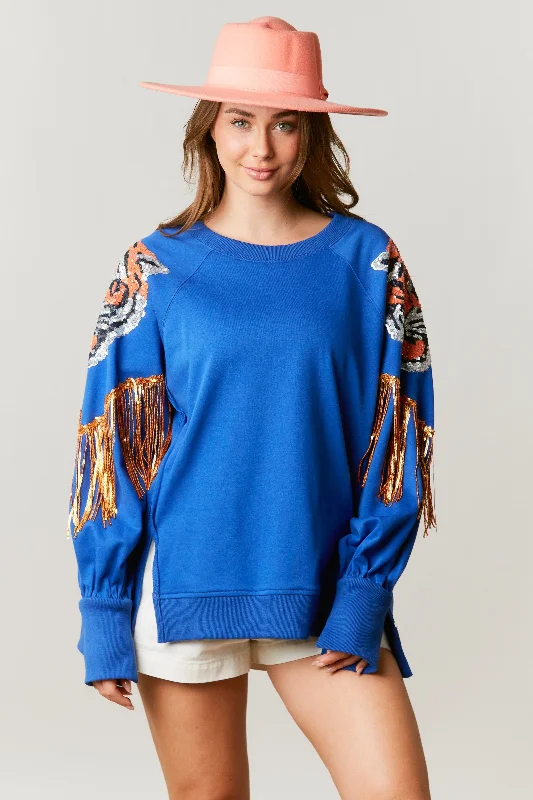 Royal Loose Sweatshirt w/ Sequin Shoulder Tiger & Fringe