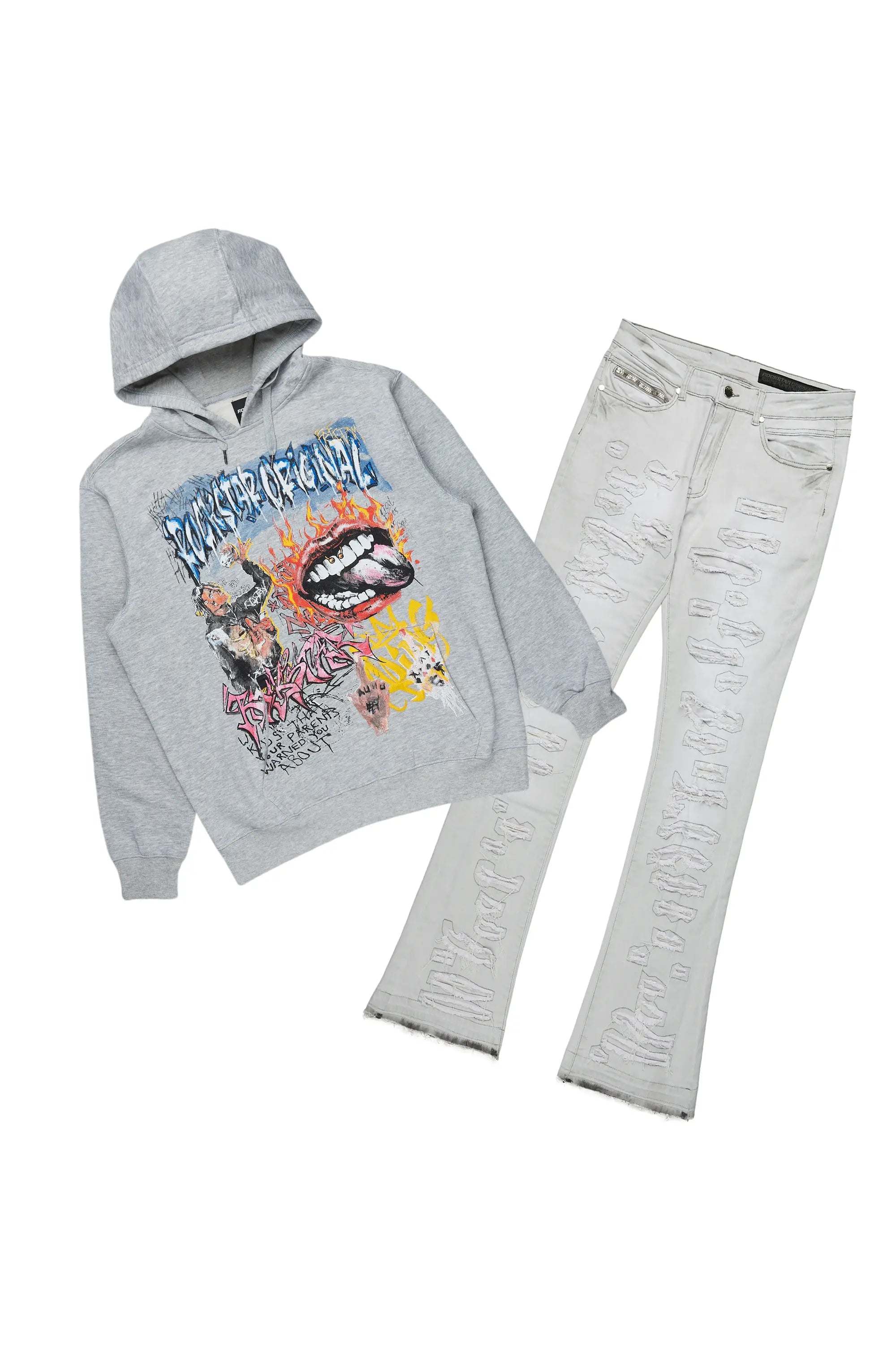 Yooz Grey Hoodie & Malyk Stacked Flare Jean Bundle