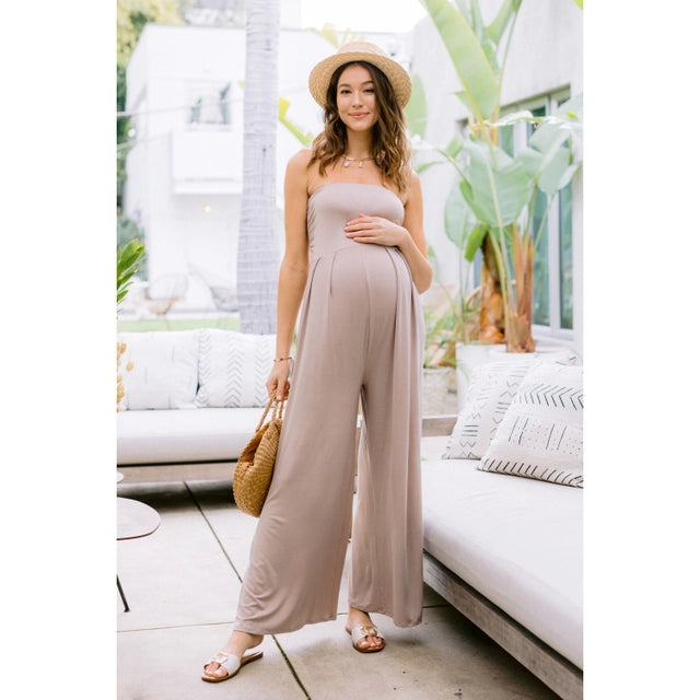 Solid Rayon Jersey Ruched Maternity Jumpsuit Mocha