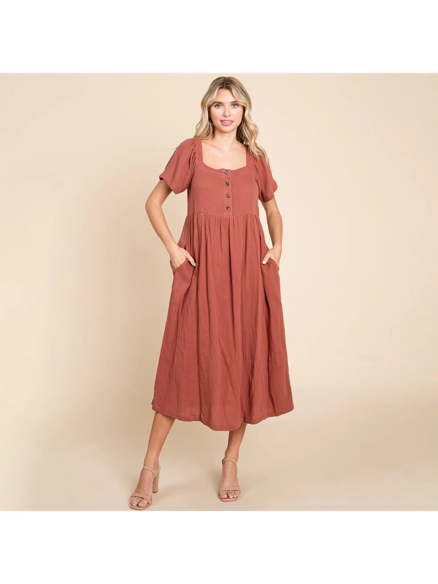 Square Neck Cotton Midi Dress In Astro Rust