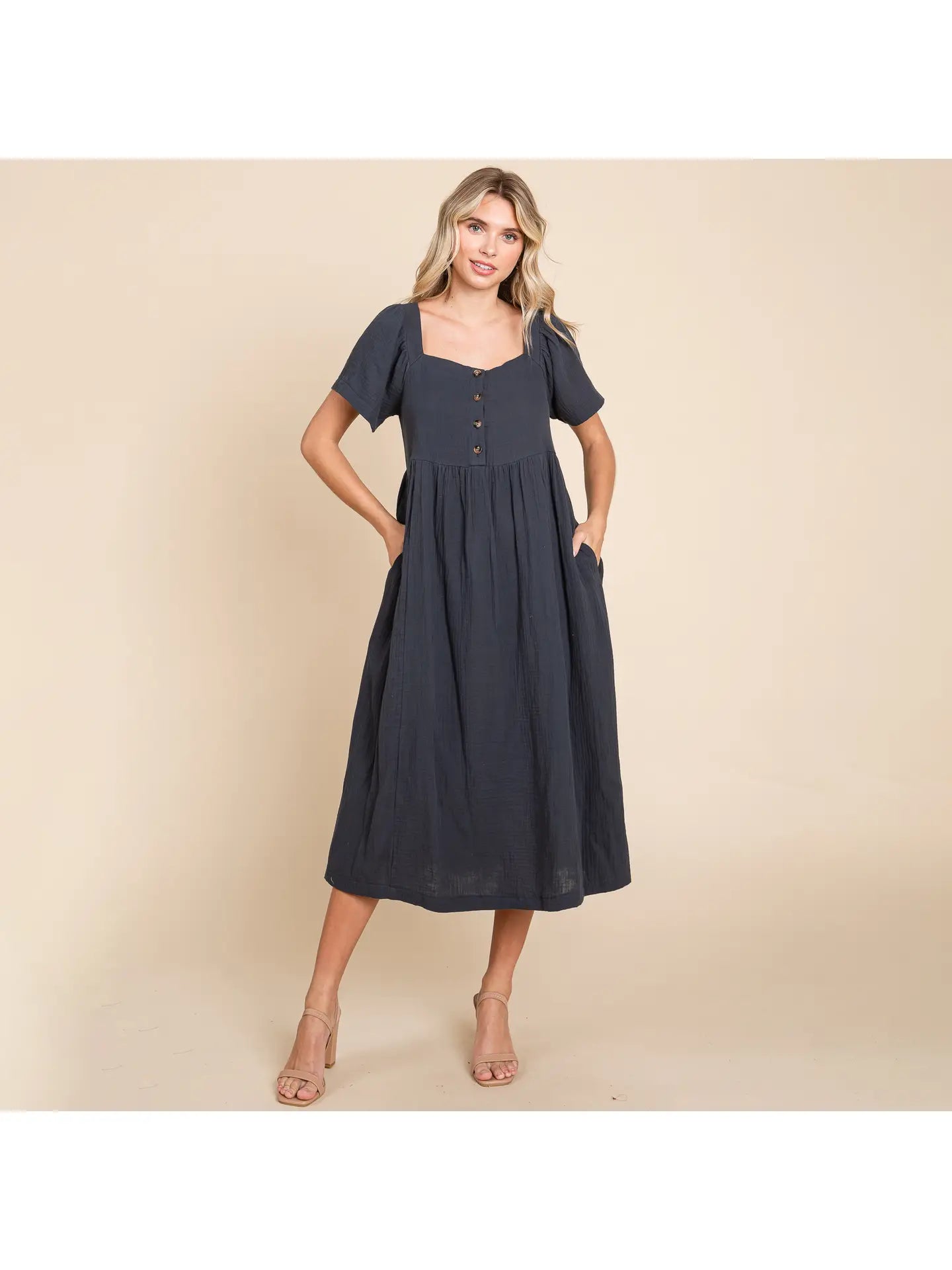 Square Neck Cotton Midi Dress In Orion Blue