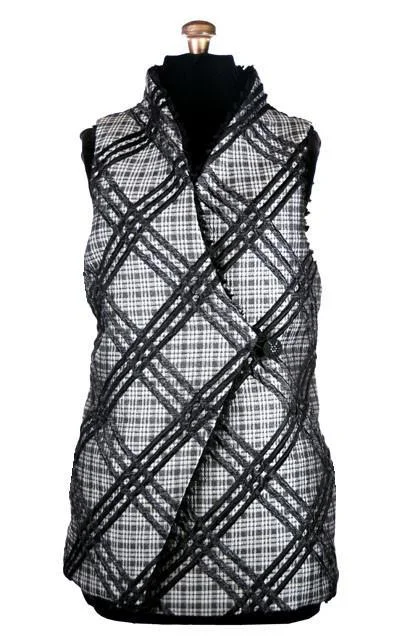 Asymmetrical Vest, Reversible less pockets - Silver Plaid Upholstery with Desert Sand in Midnight Faux Fur (One Small Left!)