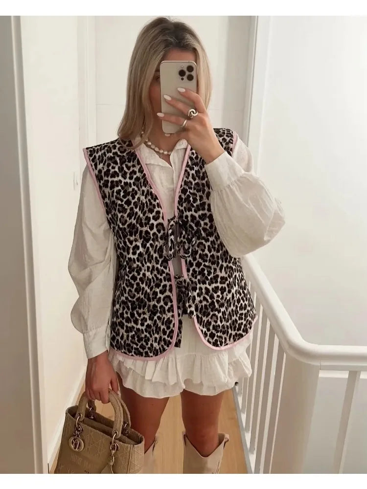 Frosted Leopard Print Girly Pink Trims French Cut Vest