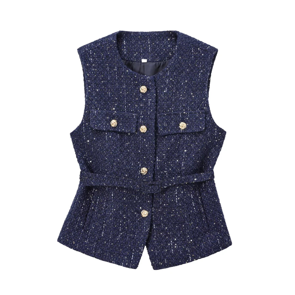 Metallic Flecked Tweed Cinched Vest for Professional Events