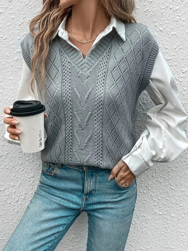 Women Academic Look Argyle Knit Vest Layering Piece